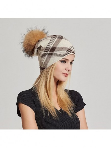 Skullies & Beanies Women's Slouchy Beanie Hat with Fur Pompom Warm Winter Hat - Beige Plaid( Gold Pompom) - C3185K992SO $25.58