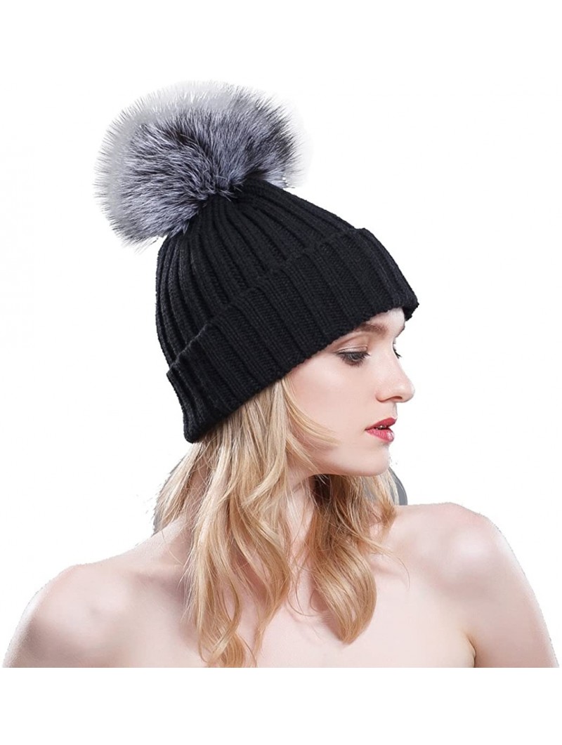 Skullies & Beanies Thermal Winter Fur Hat Fox Raccoon Fur Ball Female Knitted Hat Lovers Hat - Black & Silver Fox Ball - CC11...