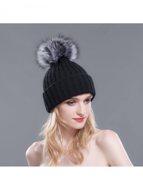 Skullies & Beanies Thermal Winter Fur Hat Fox Raccoon Fur Ball Female Knitted Hat Lovers Hat - Black & Silver Fox Ball - CC11...