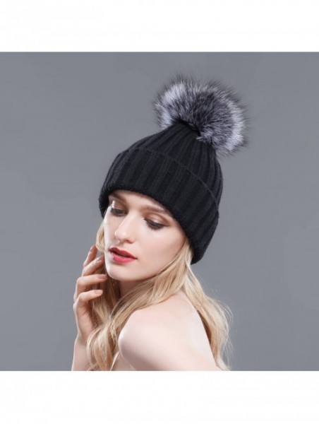 Skullies & Beanies Thermal Winter Fur Hat Fox Raccoon Fur Ball Female Knitted Hat Lovers Hat - Black & Silver Fox Ball - CC11...