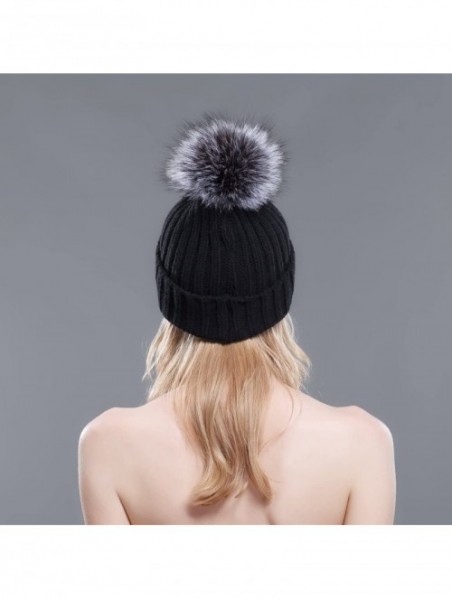 Skullies & Beanies Thermal Winter Fur Hat Fox Raccoon Fur Ball Female Knitted Hat Lovers Hat - Black & Silver Fox Ball - CC11...