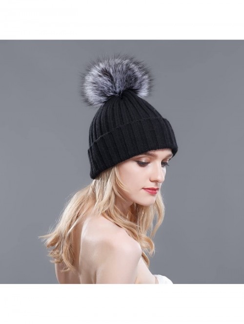 Skullies & Beanies Thermal Winter Fur Hat Fox Raccoon Fur Ball Female Knitted Hat Lovers Hat - Black & Silver Fox Ball - CC11...