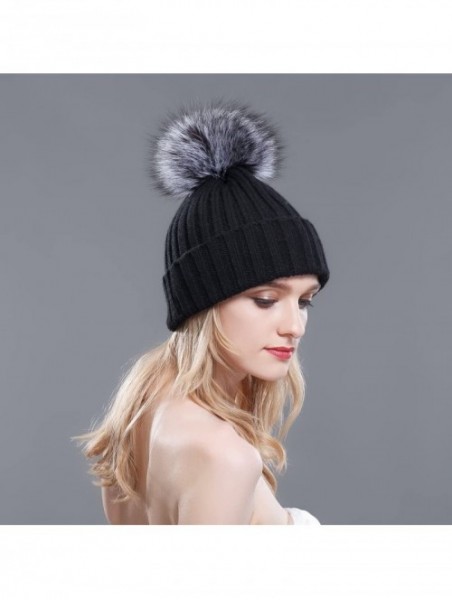 Skullies & Beanies Thermal Winter Fur Hat Fox Raccoon Fur Ball Female Knitted Hat Lovers Hat - Black & Silver Fox Ball - CC11...