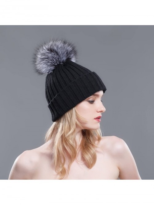 Skullies & Beanies Thermal Winter Fur Hat Fox Raccoon Fur Ball Female Knitted Hat Lovers Hat - Black & Silver Fox Ball - CC11...