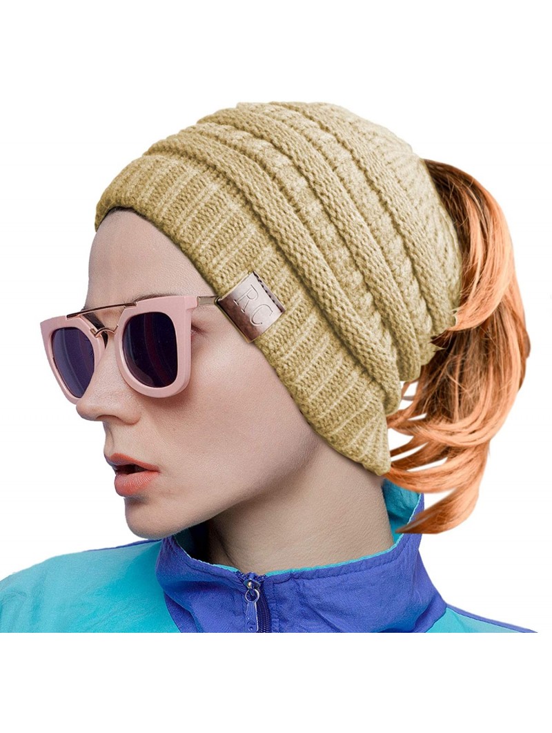 Skullies & Beanies Women Ponytail Beanie Messy Bun Style Hat Stretchy Cable Knit Wool Slouchy Skull Winter - Cream - CD18L7TL...