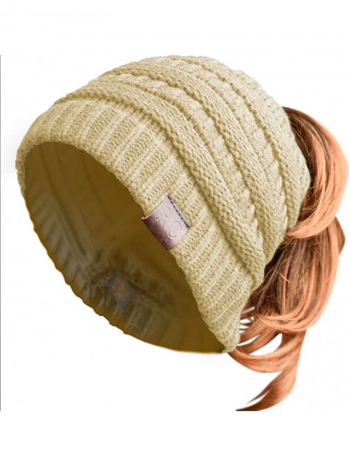 Skullies & Beanies Women Ponytail Beanie Messy Bun Style Hat Stretchy Cable Knit Wool Slouchy Skull Winter - Cream - CD18L7TL...