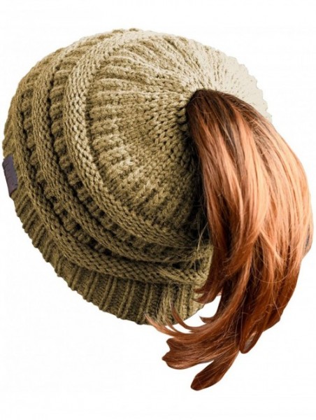 Skullies & Beanies Women Ponytail Beanie Messy Bun Style Hat Stretchy Cable Knit Wool Slouchy Skull Winter - Cream - CD18L7TL...