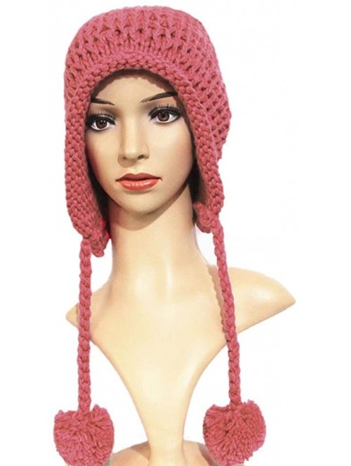 Skullies & Beanies Women Hat Handmade Crochet Braided Pompom Beanie Knit Caps Warm Winter - Pink - CF189WQDXU0 $14.37