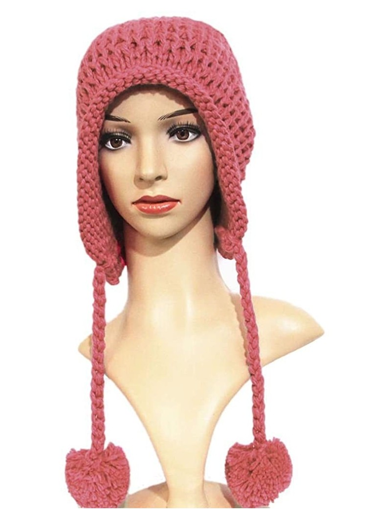 Skullies & Beanies Women Hat Handmade Crochet Braided Pompom Beanie Knit Caps Warm Winter - Pink - CF189WQDXU0 $14.37