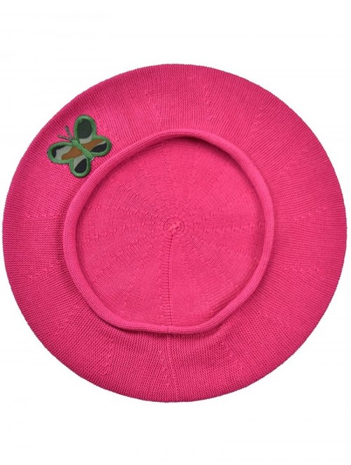 Berets 100% Cotton Beret French Ladies Hat with Army Butterfly Applique - Hot Pink - CA185O7HS8I $30.55