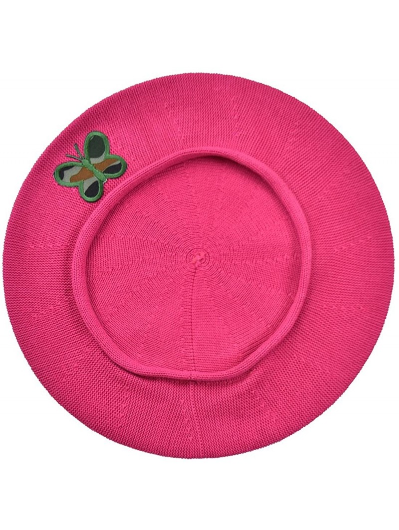 Berets 100% Cotton Beret French Ladies Hat with Army Butterfly Applique - Hot Pink - CA185O7HS8I $30.55