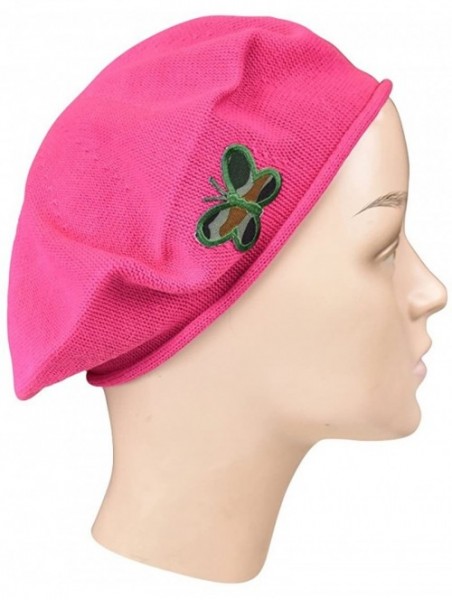 Berets 100% Cotton Beret French Ladies Hat with Army Butterfly Applique - Hot Pink - CA185O7HS8I $30.55