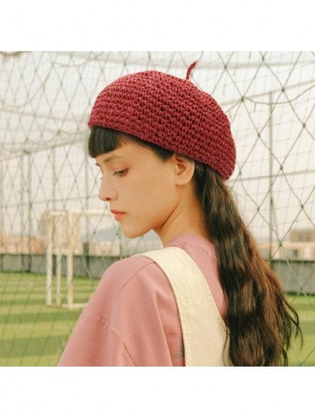 Berets Women Beret Hat Crochet Straw Newsboy Hat Adjustable French Style Fiddler Artist Hat - Orange - CV18T4AOOQ2 $10.22