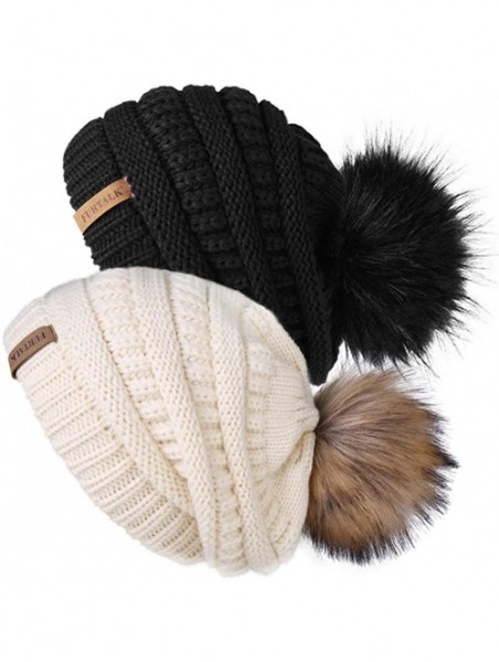 Skullies & Beanies Womens Winter Knit Slouchy Beanie Hat Skull Ski Cap Warm Faux Fur Pom Pom Beanies Hats for Women 2 Packs -...