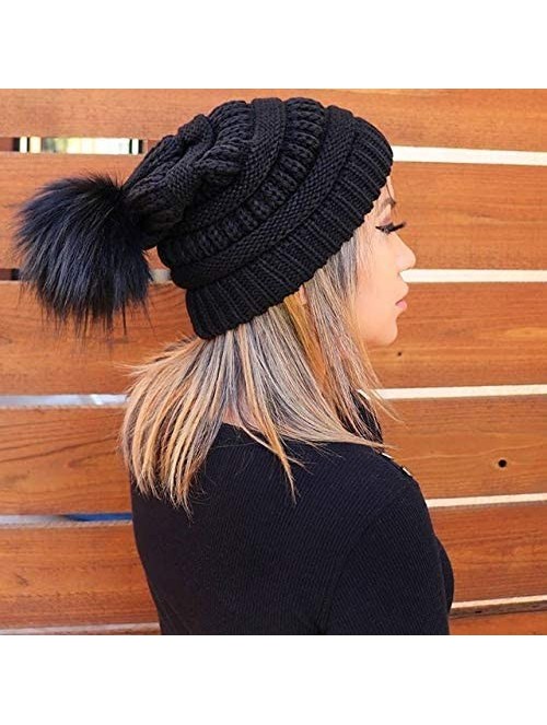 Skullies & Beanies Womens Winter Knit Slouchy Beanie Hat Skull Ski Cap Warm Faux Fur Pom Pom Beanies Hats for Women 2 Packs -...