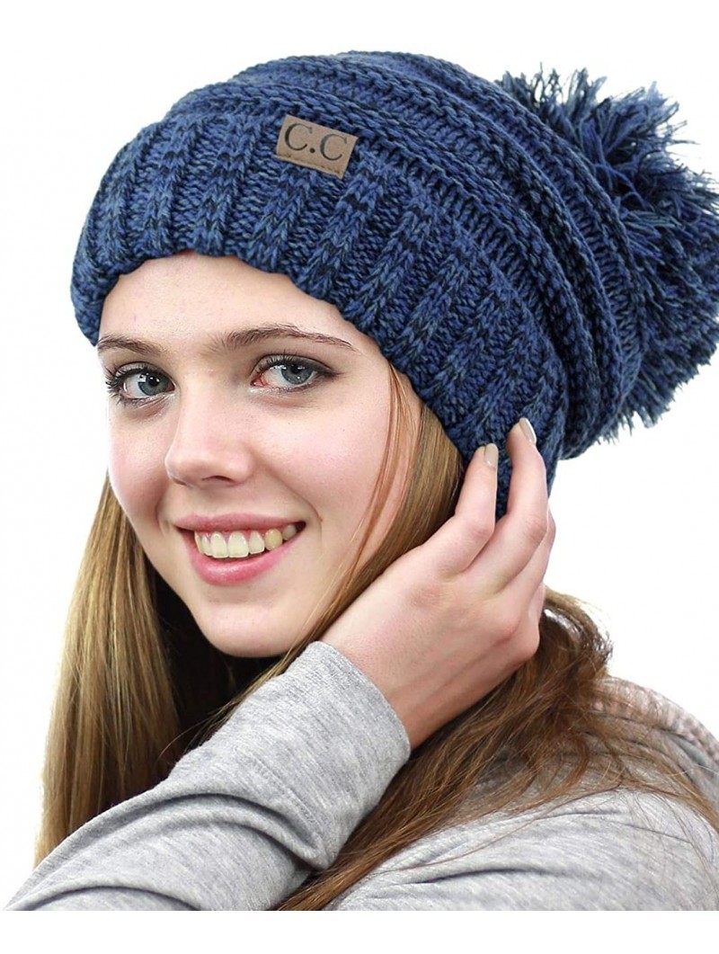 Skullies & Beanies Pom Pom Oversized Baggy Slouchy Thick Winter Beanie Hat - Navy Mix - CI18R4XIYAC $21.14