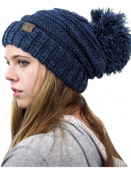 Skullies & Beanies Pom Pom Oversized Baggy Slouchy Thick Winter Beanie Hat - Navy Mix - CI18R4XIYAC $21.14