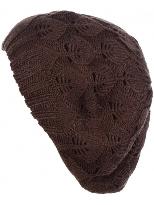 Berets Winter Chic Warm Double Layer Leafy Cutout Crochet Chunky Knit Slouchy Beret Beanie Hat Solid - Brown Leafy - C912NTQT...