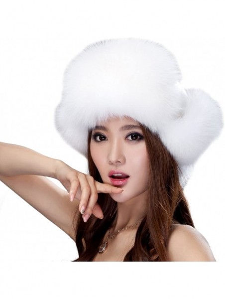 Bomber Hats Womens Fox Fur Russian Ushanka Trapper Hat with Pom Poms - Fabric & White - CG11D2ZDHYX $59.11