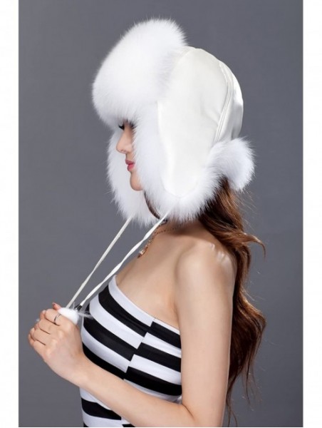 Bomber Hats Womens Fox Fur Russian Ushanka Trapper Hat with Pom Poms - Fabric & White - CG11D2ZDHYX $59.11