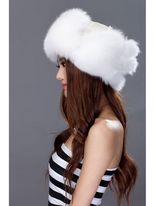 Bomber Hats Womens Fox Fur Russian Ushanka Trapper Hat with Pom Poms - Fabric & White - CG11D2ZDHYX $59.11