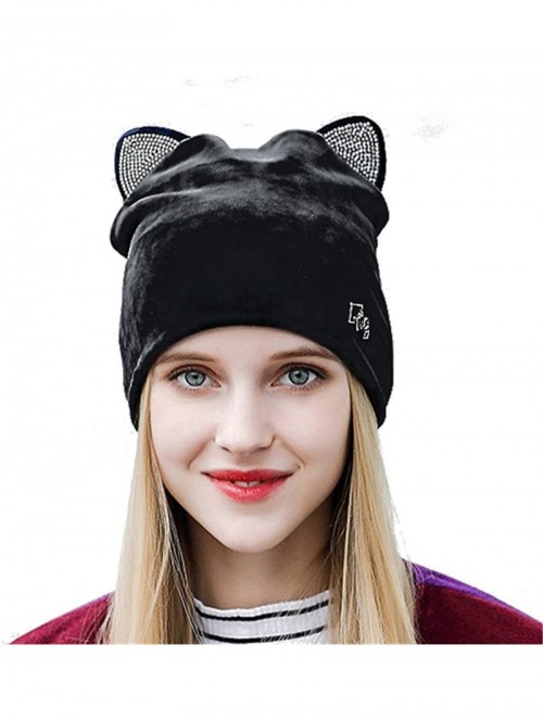 Skullies & Beanies Soft Cute Women Girl Warm Winter Cat Ear Shape Suede Hat Elastic Beanie Cap - Black - C518IHYYRXG $16.51