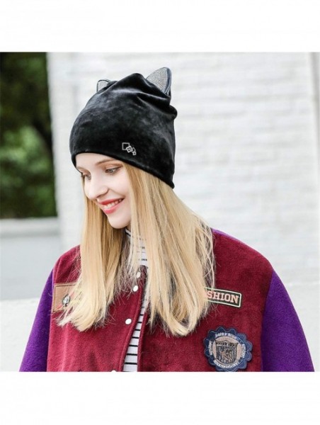 Skullies & Beanies Soft Cute Women Girl Warm Winter Cat Ear Shape Suede Hat Elastic Beanie Cap - Black - C518IHYYRXG $16.51