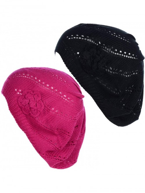 Berets Chic Parisian Style Soft Lightweight Crochet Cutout Knit Beret Beanie Hat - 2-pack Swirl Fuchsia & Black - CN18EOQI04K...