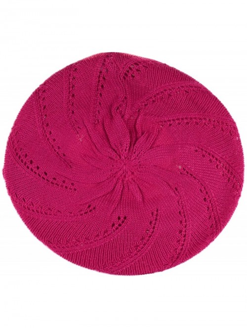 Berets Chic Parisian Style Soft Lightweight Crochet Cutout Knit Beret Beanie Hat - 2-pack Swirl Fuchsia & Black - CN18EOQI04K...