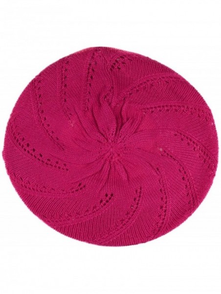 Berets Chic Parisian Style Soft Lightweight Crochet Cutout Knit Beret Beanie Hat - 2-pack Swirl Fuchsia & Black - CN18EOQI04K...