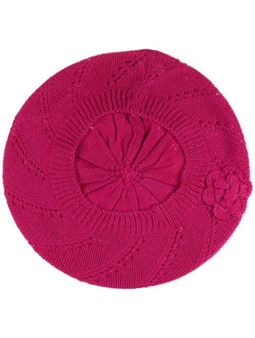 Berets Chic Parisian Style Soft Lightweight Crochet Cutout Knit Beret Beanie Hat - 2-pack Swirl Fuchsia & Black - CN18EOQI04K...