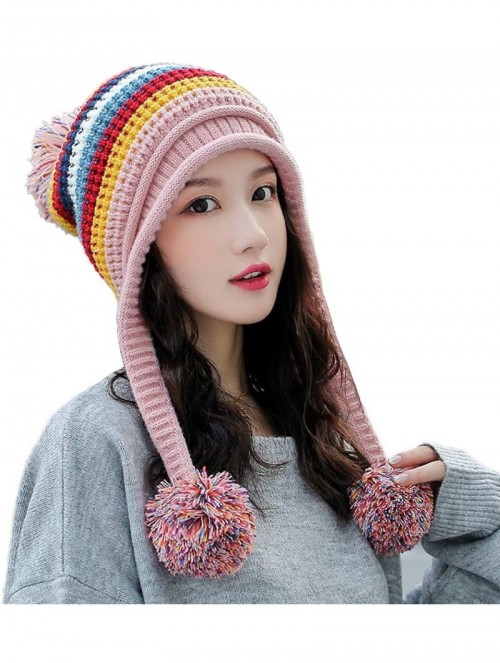 Skullies & Beanies Women Skull Beanie Hat Peruvian Cap Winter Fleeced Ski Ear Flaps Pompoms Cable Knitting - A1-m9418-pink - ...