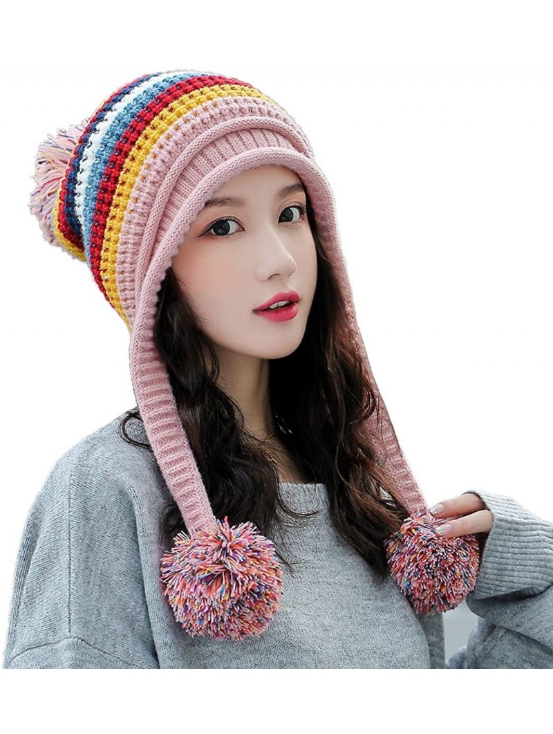 Skullies & Beanies Women Skull Beanie Hat Peruvian Cap Winter Fleeced Ski Ear Flaps Pompoms Cable Knitting - A1-m9418-pink - ...