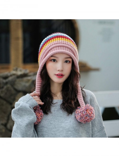 Skullies & Beanies Women Skull Beanie Hat Peruvian Cap Winter Fleeced Ski Ear Flaps Pompoms Cable Knitting - A1-m9418-pink - ...