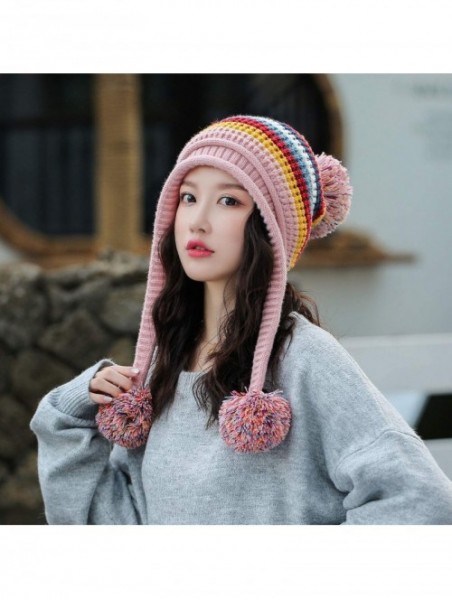 Skullies & Beanies Women Skull Beanie Hat Peruvian Cap Winter Fleeced Ski Ear Flaps Pompoms Cable Knitting - A1-m9418-pink - ...