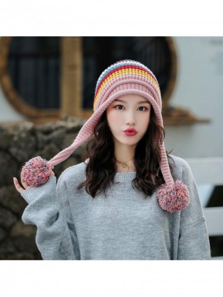 Skullies & Beanies Women Skull Beanie Hat Peruvian Cap Winter Fleeced Ski Ear Flaps Pompoms Cable Knitting - A1-m9418-pink - ...