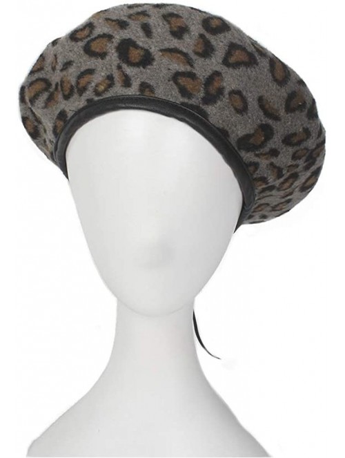 Berets Vintage Leopard French Beret Hat Leather Edge Warm Beanies Women Winter - Grey - CG18ILENGYI $20.38