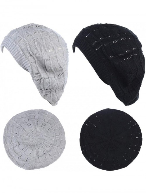 Berets Chic Soft Knit Airy Cutout Lightweight Slouchy Crochet Beret Beanie Hat - 2-pack Gray & Black - CM18LEIN733 $24.08