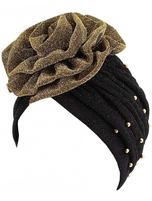 Skullies & Beanies Shiny Flower Turban Shimmer Chemo Cap Hairwrap Headwear Beanie Hair Scarf - Gold&black - CQ194CSW8AE $13.48