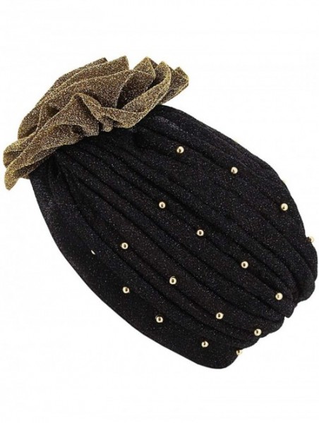 Skullies & Beanies Shiny Flower Turban Shimmer Chemo Cap Hairwrap Headwear Beanie Hair Scarf - Gold&black - CQ194CSW8AE $13.48