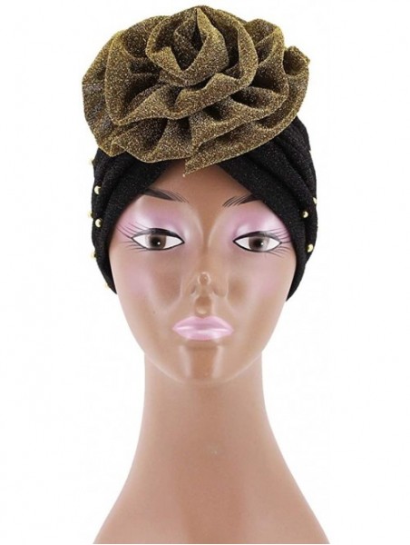 Skullies & Beanies Shiny Flower Turban Shimmer Chemo Cap Hairwrap Headwear Beanie Hair Scarf - Gold&black - CQ194CSW8AE $13.48