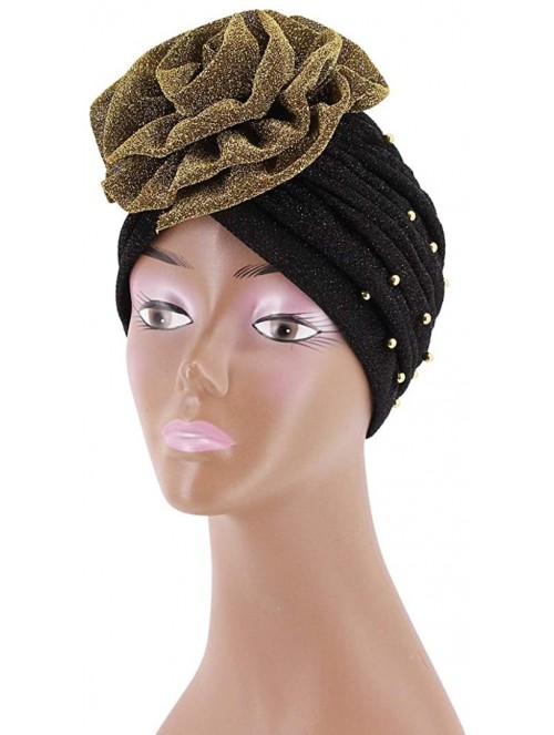 Skullies & Beanies Shiny Flower Turban Shimmer Chemo Cap Hairwrap Headwear Beanie Hair Scarf - Gold&black - CQ194CSW8AE $13.48