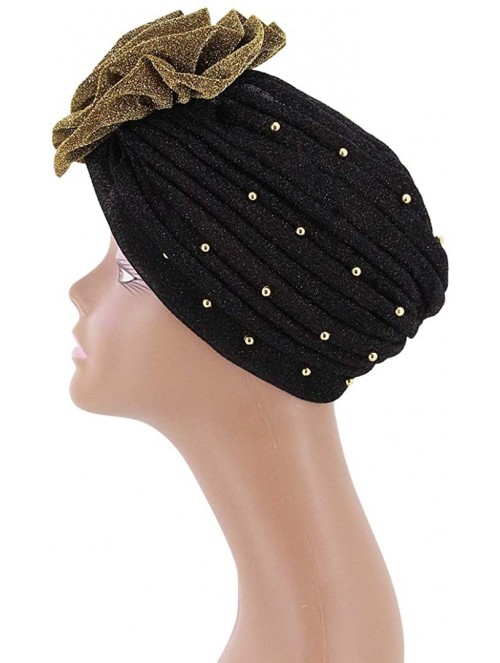 Skullies & Beanies Shiny Flower Turban Shimmer Chemo Cap Hairwrap Headwear Beanie Hair Scarf - Gold&black - CQ194CSW8AE $13.48