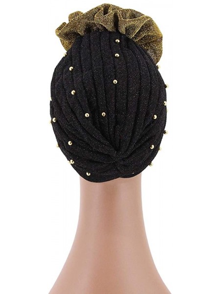 Skullies & Beanies Shiny Flower Turban Shimmer Chemo Cap Hairwrap Headwear Beanie Hair Scarf - Gold&black - CQ194CSW8AE $13.48