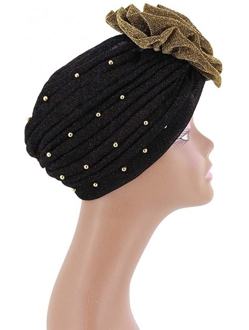 Skullies & Beanies Shiny Flower Turban Shimmer Chemo Cap Hairwrap Headwear Beanie Hair Scarf - Gold&black - CQ194CSW8AE $13.48