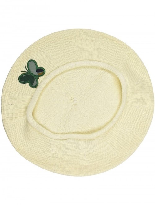 Berets 100% Cotton Beret French Ladies Hat with Army Butterfly Applique - Cream - CY1827A4QCT $28.55