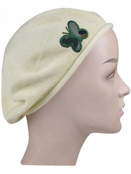 Berets 100% Cotton Beret French Ladies Hat with Army Butterfly Applique - Cream - CY1827A4QCT $28.55