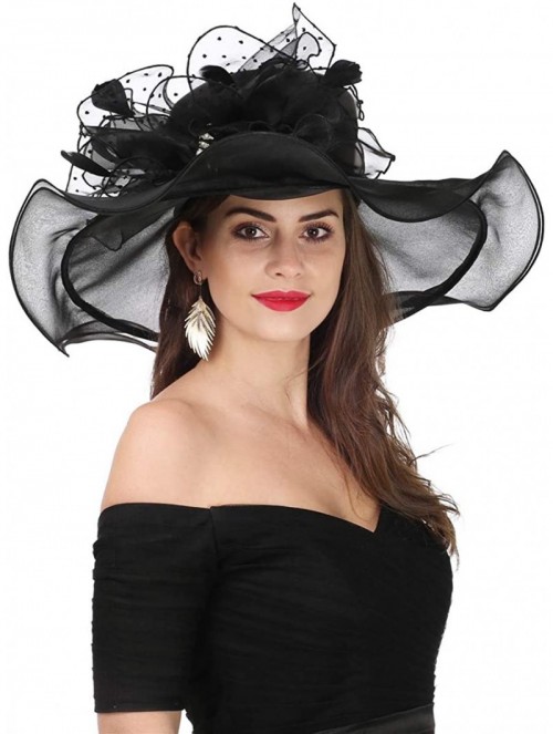 Sun Hats Women Kentucky Derby Church Beach Fascinators Hat Wide Floral Brim Flat Hat with Bowknot - New Black - CF18E65DMX8 $...