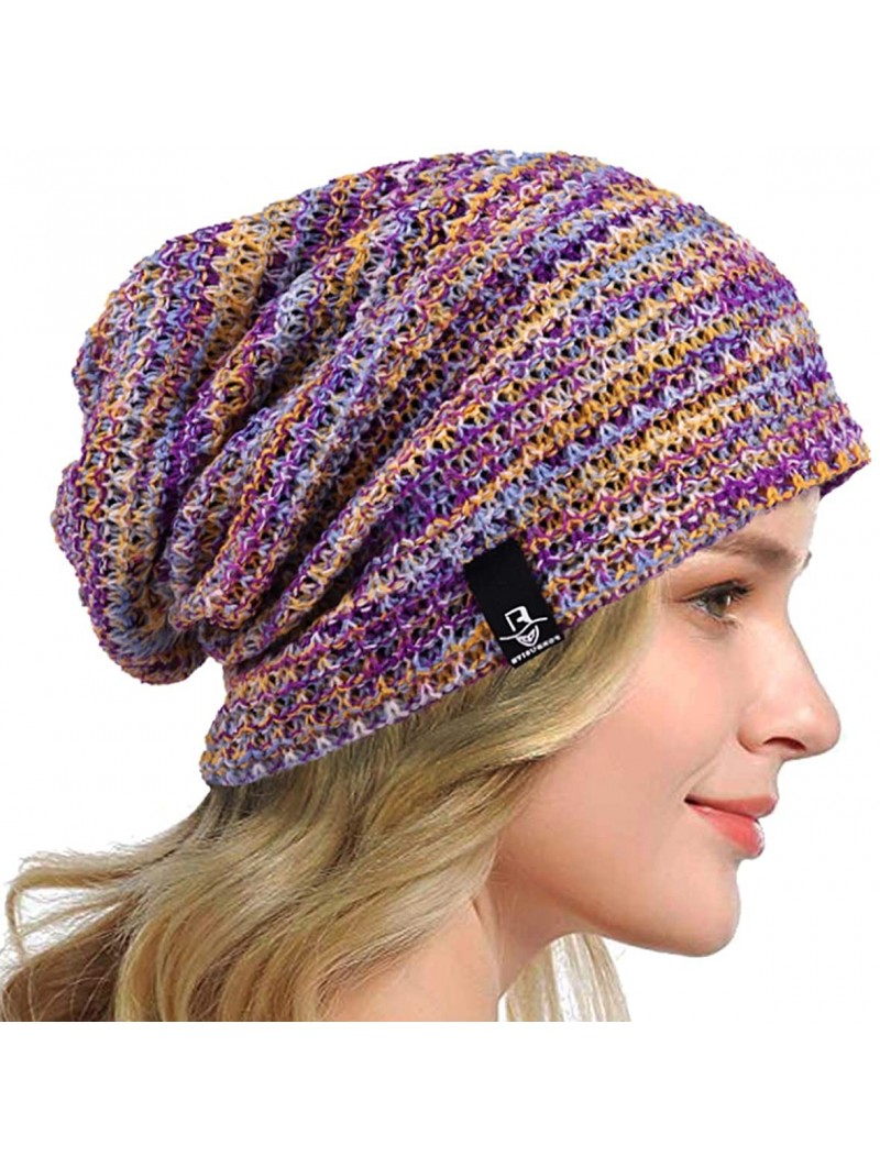 Berets Women's Slouchy Beanie Knit Beret Skull Cap Baggy Winter Summer Hat B08w - Purple/Yellow/White - CQ18UY23OGW $17.90