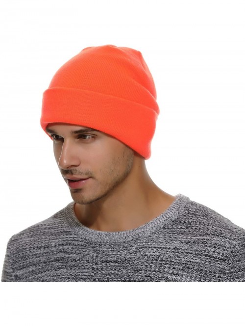 Skullies & Beanies Winter Warm Knit Cuff Beanie - Skull Cap Ski Cap - Daily Beanie for Men & Women - Neon Orange - C118IK2HU2...